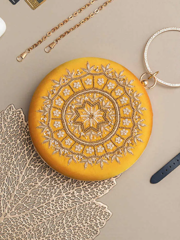 Ifrah Maroon Round Hand Embroidered Clutch
